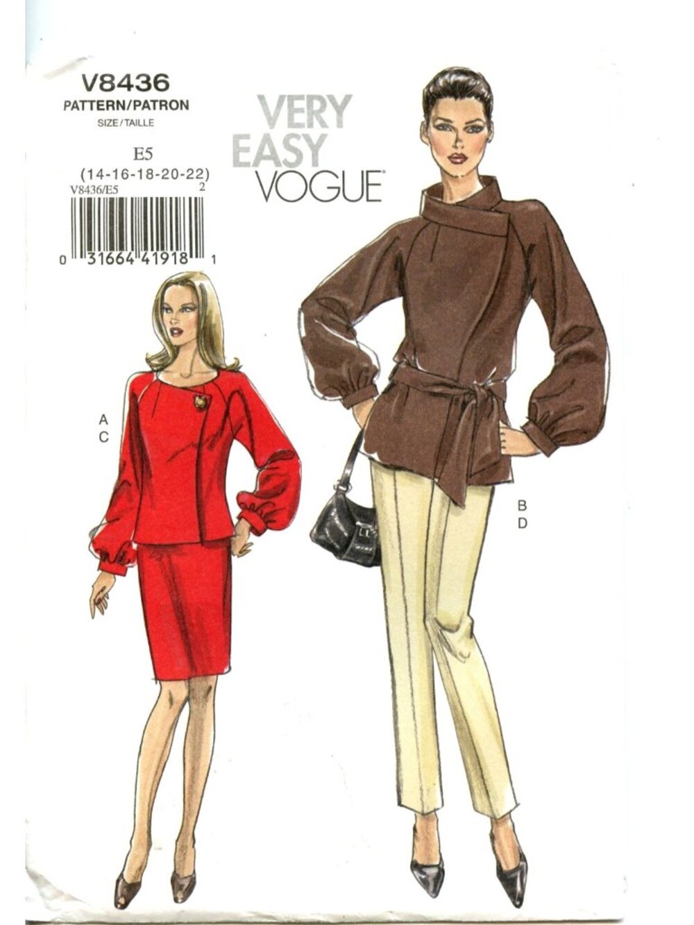 Very Easy Vogue V8436 Sewing Pattern Misses Jacket Skirt Pants, Sash Sizes 14-22
